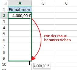 Feld kopieren: Maus herunterziehen