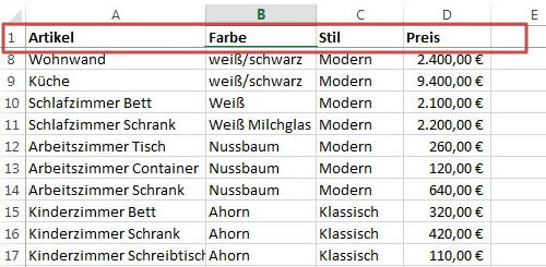 oberste Zeile fixiert