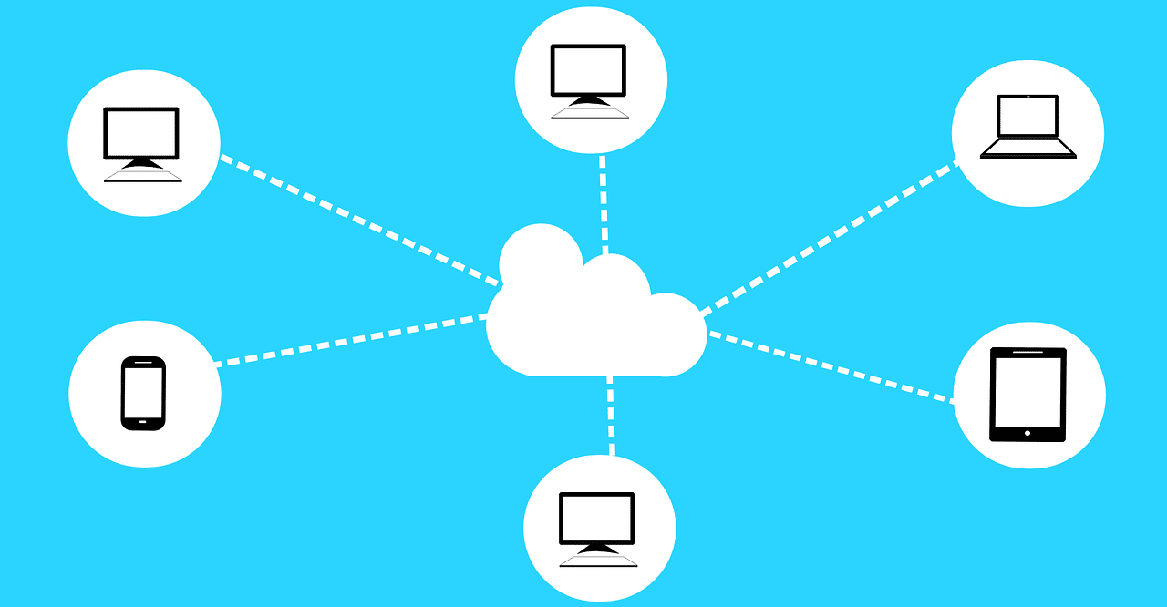 Abb. 1: Das Cloud-Computing ermöglicht den Zugriff verschiedener Endgeräte auf einen digitalen Datensatz.