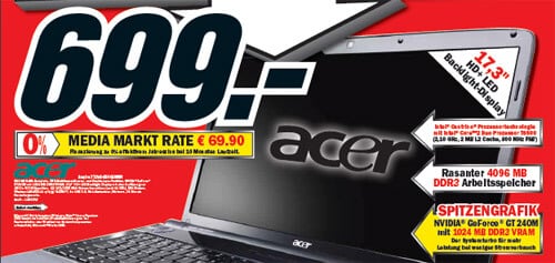 Media Markt: Acer 7738G-654G50MN Notebook für 699 Euro mit LED Backlight