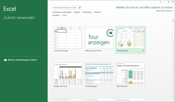 Excel Startbildschirm