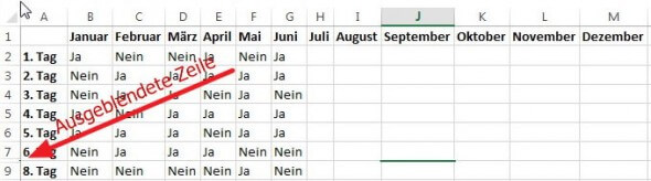 Ausgeblendete Zeile in Excel