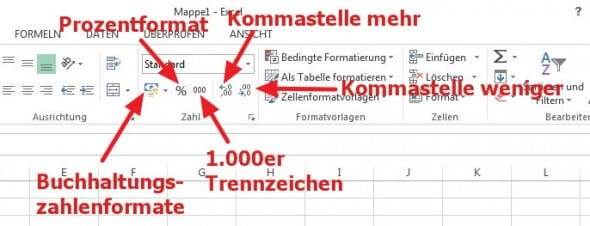 Symbolleiste für Zahlenformat in Excel