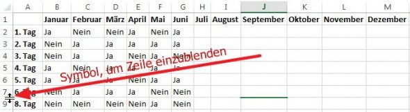 Zeile einblenden in Excel