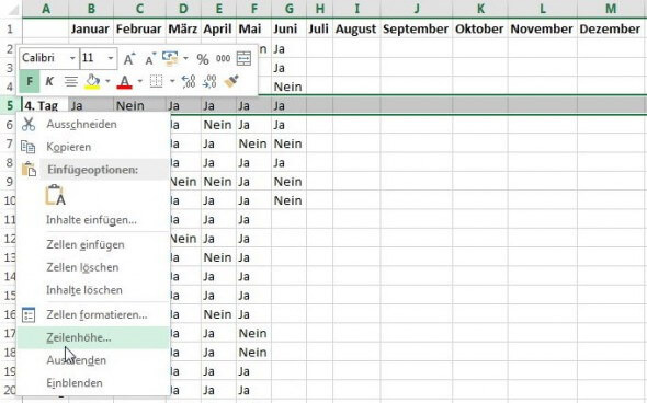 Zeilenhöhe anpassen mit dem Kontextmenü