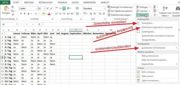 Zeilenhöhe anpassen im Menü