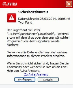 Avira erkennt EICAR-Virus