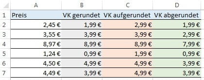Preise runden in Excel