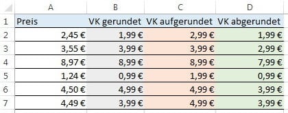Preise runden in Excel