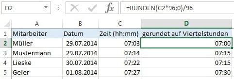 Uhrzeit gerundet auf Viertelstunden-Basis