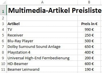 Multimedia-Artikel Preisliste