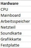 Hardware Tabelle für Dropdownliste